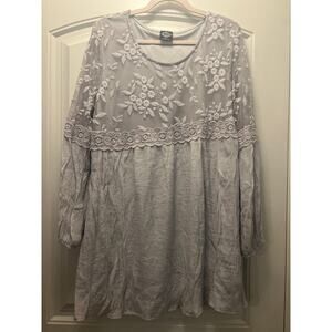 Calstyle Women Embroidered Lace Slinky Cottage Pullover Mini‎ Dress Size XL Gray